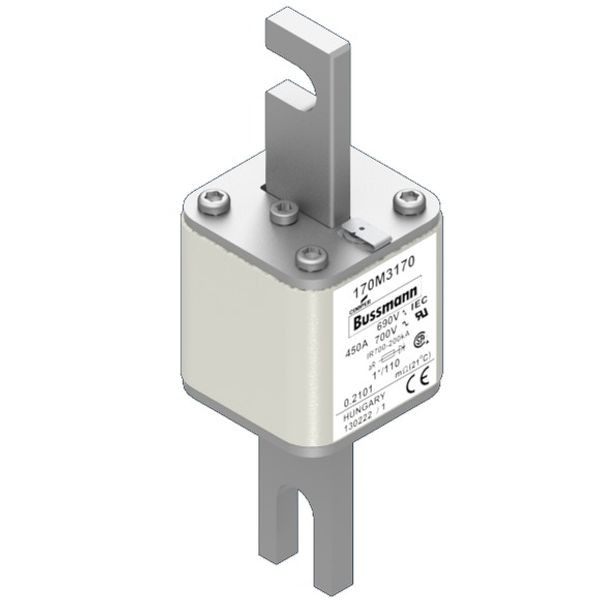 Fuse-link, high speed, 450 A, AC 690 V, compact size 1, 45 x 45 x 134 mm, aR, DIN, IEC, single indicator image 1