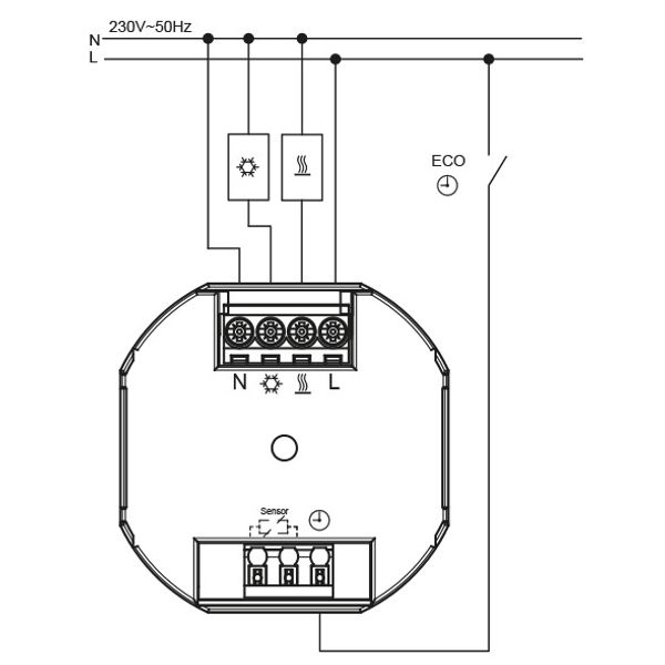 Flush-mounted thermostat as room controller, AC 230V, 1 changeover contact, heating 5(2) A, cooling 1(1) A, white backlighting image 3