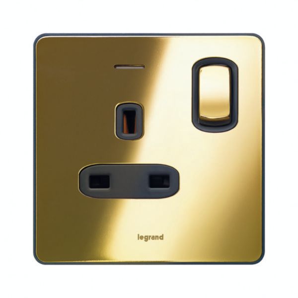 Synergy Sleek 1 Gang 13A Double Pole Switched Socket Outlet with LED Power Indicator Gold image 1