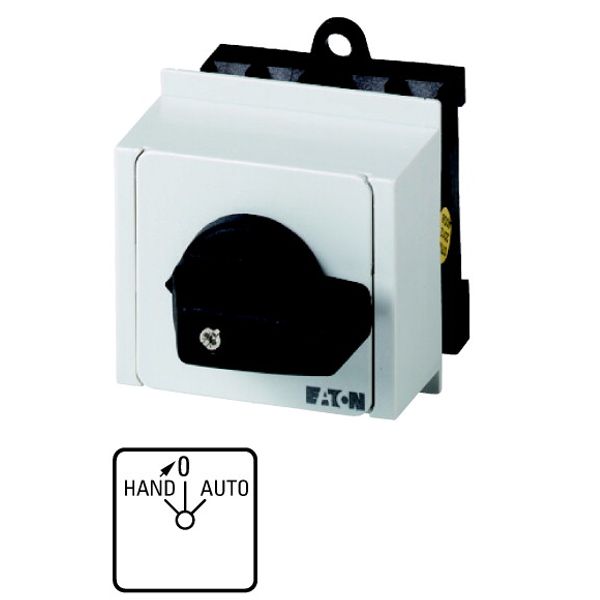 Changeover switches, T0, 20 A, service distribution board mounting, 1 contact unit(s), Contacts: 2, With spring-return from HAND, 45 °, momentary/main image 1