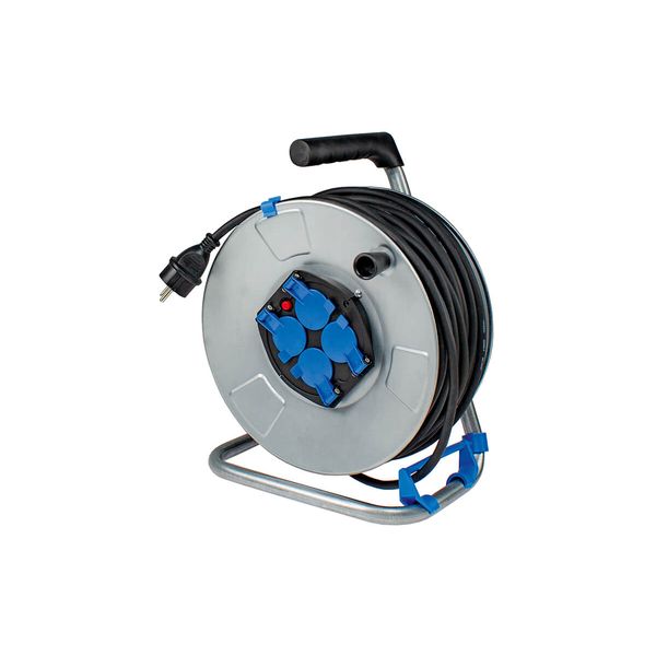 Metal cable reel 285mmO 25m H05RR-F 3G1,5 4 socket outlets 2PE 16A/250V with protective caps Overheating protection by thermal switch image 1