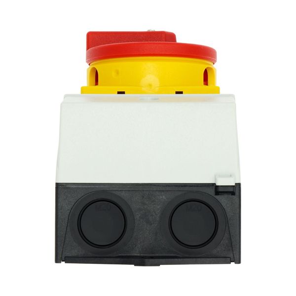 Main switch, T0, 20 A, surface mounting, 2 contact unit(s), 4 pole, Emergency switching off function, With red rotary handle and yellow locking ring image 28