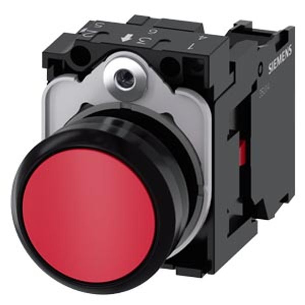 Pushbutton, 22 mm, round, plastic, red, pushbutton, flat, momentary contact type, with holder  3SU1100-0AB20-1CA0-Z Y13 image 1