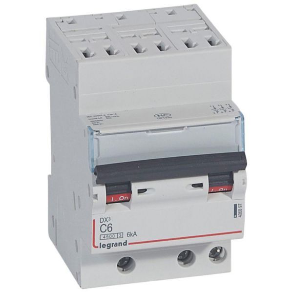 DX³4500 6kA circuit breaker high inlet via automatic terminals low outlet via screw terminals - three-pole 400V~ 6A curve C - 3 modules image 1