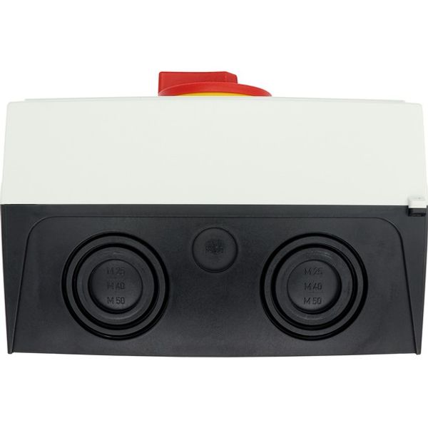 Main switch, P3, 100 A, surface mounting, 3 pole, 1 N/O, 1 N/C, Emergency switching off function, With red rotary handle and yellow locking ring, Lock image 13