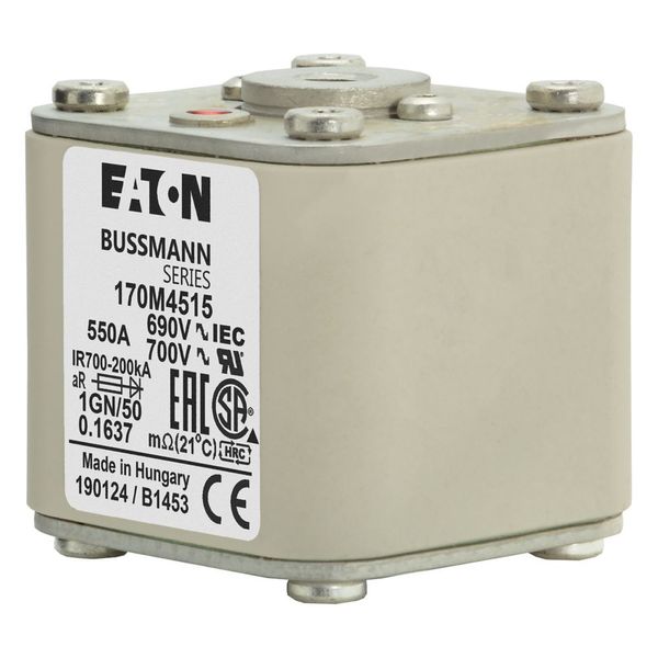 Fuse-link, high speed, 550 A, AC 690 V, size 1, 53 x 69 x 51 mm, aR, IEC, UL, single indicator, flush end, 18 UNC image 5