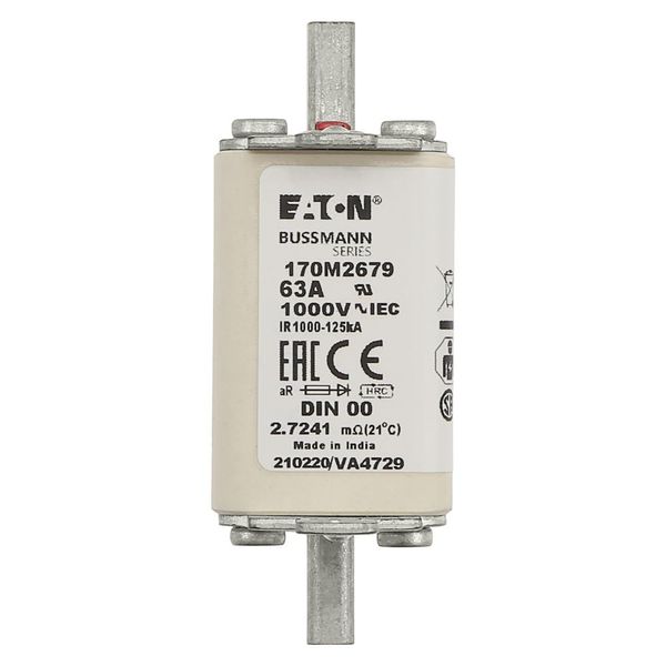 Fuse-link, high speed, 63 A, AC 1000 V, DIN 00, aR, DIN, IEC, single indicator, live gripping lugs image 20