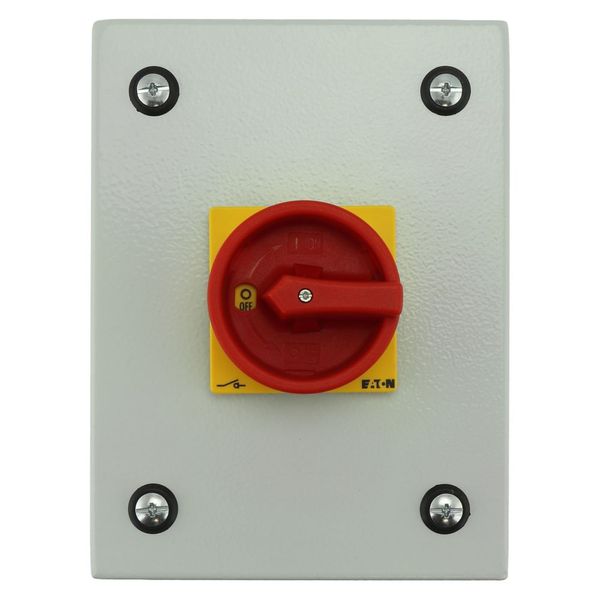 Main switch, P1, 40 A, surface mounting, 3 pole + N, Emergency switching off function, With red rotary handle and yellow locking ring, Lockable in the image 7