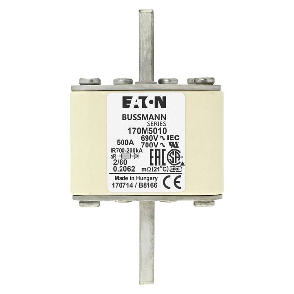 Fuse-link, high speed, 500 A, AC 690 V, DIN 2, 61 x 61 x 108 mm, aR, DIN, IEC, single indicator, 80 mm centres image 17