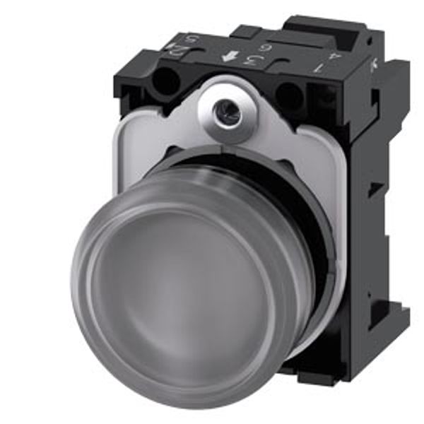 Indicator lights, 22 mm, round, plastic, clear, lens, smooth, with holder, LED module,  3SU1102-6AA70-3AA0-Z Y12 image 1