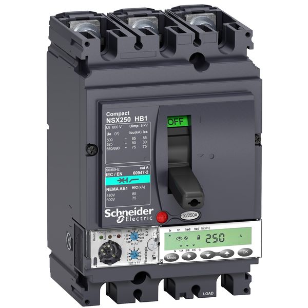 circuit breaker ComPact NSX100HB1, 75 kA at 690 VAC, MicroLogic 5.2 E trip unit 100 A, 3 poles 3d image 3