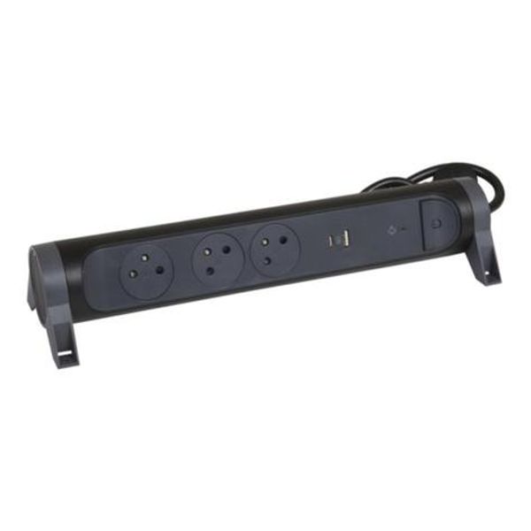 049425 Power strip extension with rotating block of 3 2P+E Surface sockets, switch, surge protector, USB Type-A + Type-C - black and dark gray image 2