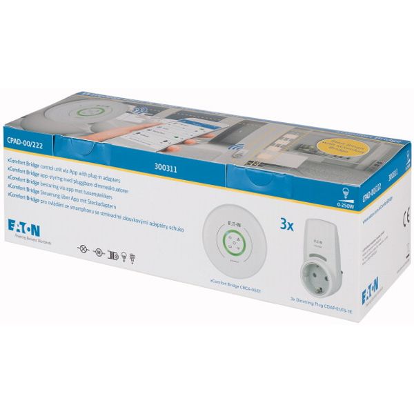 Wireless xComfort Bridge package, 3 Smart Dimming Plug-In Adapters, 0-250W, 230VAC, R/L/C/LED, Schuko, Traffic white image 2