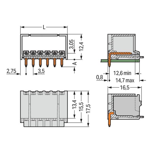 THT male header 1.0 mm Ø solder pin angled light gray image 3