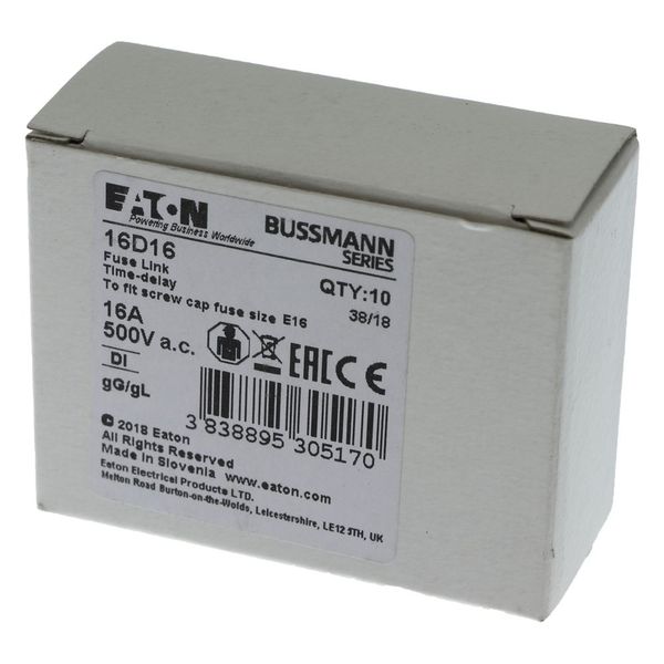 Fuse-link, LV, 16 A, AC 500 V, D1, gL/gG, IEC, time-delay image 16