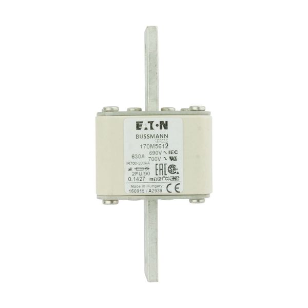 Fuse-link, high speed, 630 A, AC 690 V, size 2, 61 x 77 x 135 mm, aR, IEC, UL, no indicator, 90 mm centres image 1