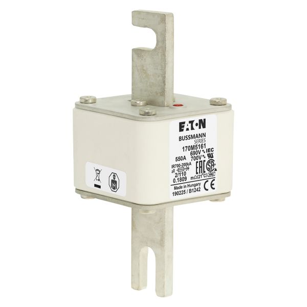 Fuse-link, high speed, 550 A, AC 690 V, DIN 2, 61 x 61 x 108 mm, aR, DIN, IEC, single indicator, 110 mm centres image 8