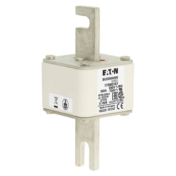 Fuse-link, high speed, 550 A, AC 690 V, DIN 2, 61 x 61 x 108 mm, aR, DIN, IEC, single indicator, 110 mm centres image 9