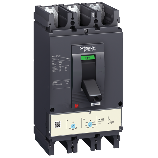 circuit breaker EasyPact CVS630F, 36 kA at 415 VAC, 600 A rating thermal magnetic TM-D trip unit, 3P 3d image 5