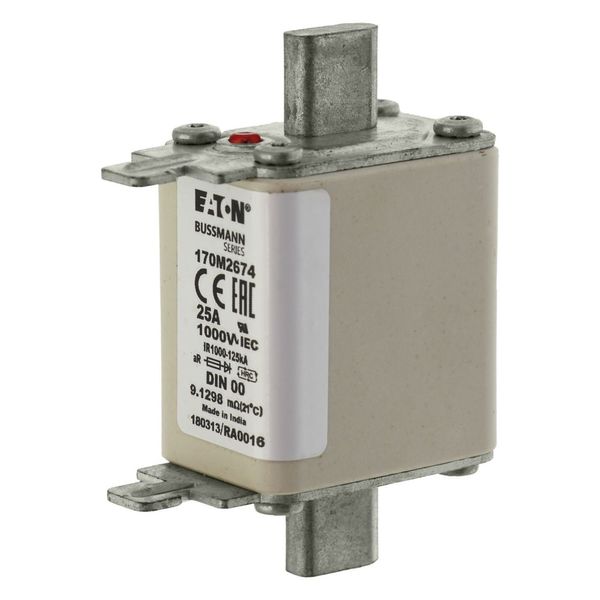 Fuse-link, high speed, 25 A, AC 1000 V, DIN 00, aR, DIN, IEC, single indicator, live gripping lugs image 7