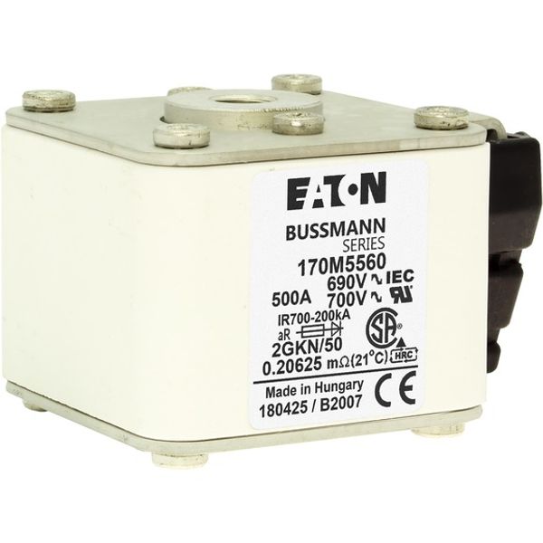 Fuse-link, high speed, 500 A, AC 690 V, size 2, 61 x 77 x 51 mm, aR, IEC, UL, type K indicator, flush end, 16 UNC image 8