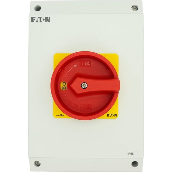 Main switch, P3, 100 A, surface mounting, 3 pole, 1 N/O, 1 N/C, Emergency switching off function, With red rotary handle and yellow locking ring, Lock image 3