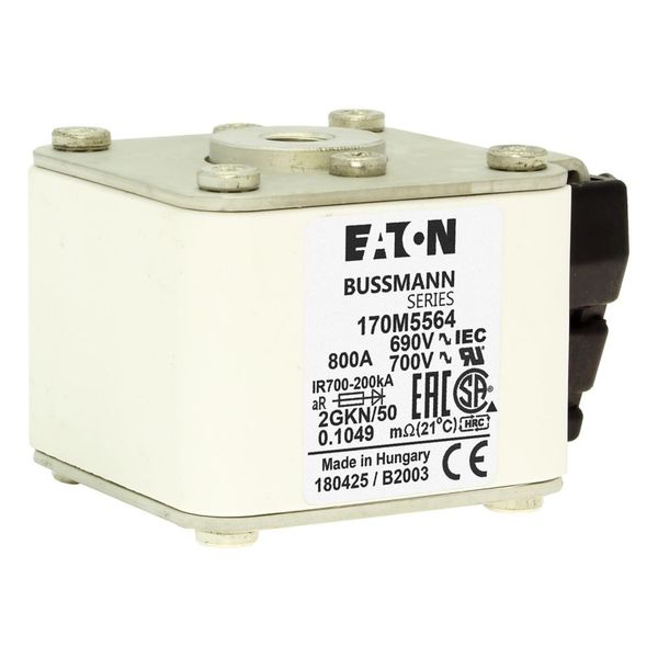 Fuse-link, high speed, 800 A, AC 690 V, size 2, 61 x 77 x 51 mm, aR, IEC, UL, type K indicator, flush end, 16 UNC image 19