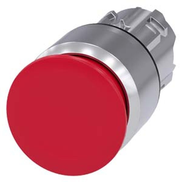 3SU1050-1AA20-0AA0-Z Y10 Mushroom pushbutton, 22 mm, round, metal, shiny, red, 30 mm, latching, pull-to-unlatch mechanism, with laser labeling, upper case and lower case, always upper image 1