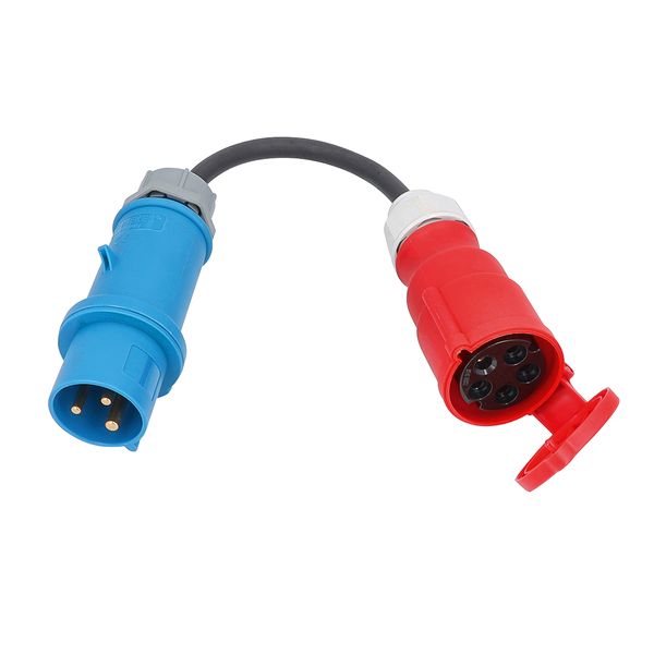 CEE adapter cable 
0,3 m H07RN-F 3G6
1st side: CEE plug blue 230V 32A 3pole #60590
2nd side: CEE socket red 400V 32A 5pole #61427 (L1, N, PE)
in polybag with label image 1