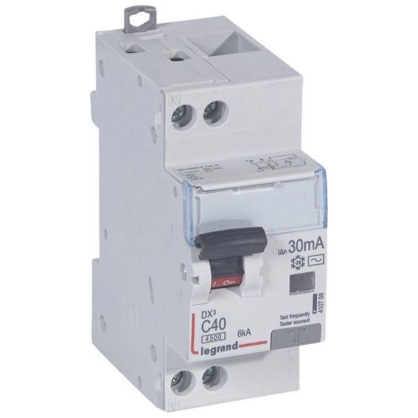 Differential circuit breaker DX³4500 high inlet and low outlet screw U+N 230V~ - 40A typeAC 30mA - curve C - 2 modules image 1