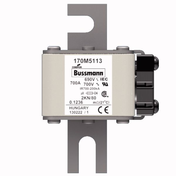 Fuse-link, high speed, 700 A, AC 690 V, DIN 2, 61 x 77 x 108 mm, aR, DIN, IEC, single indicator image 1