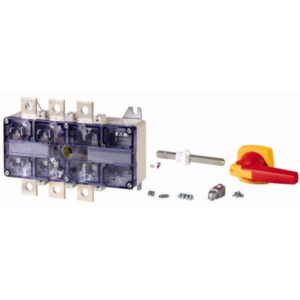 Switch-disconnector, DMV, 400 A, 4 pole, Emergency switching off function, With red rotary handle and yellow locking ring, With metal shaft for a cont image 1