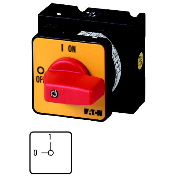 On-Off switch, T3, 32 A, flush mounting, 1 contact unit(s), 2 pole, Emergency switching off function, with red thumb grip and yellow front plate image 1