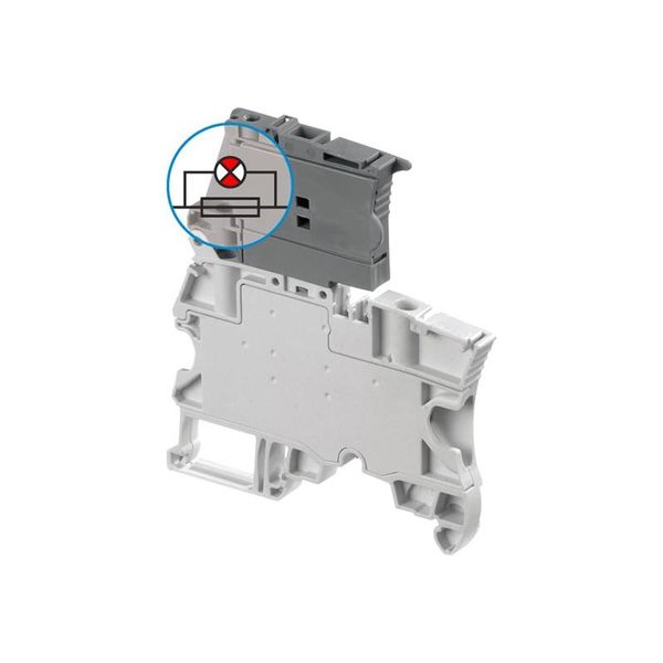 DIN RAIL TERMINAL BLOCK, TERMINAL BLOCK, FUSE, 5X20, FEED THROUGH, BLOW FUSE INDICATOR, ZS4-SF-R1, 4MM2, 6MM SPACING, GREY image 1