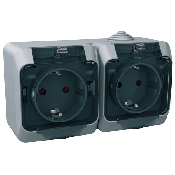 Cedar Plus - double socket-outlet sideE - 16A, shutters, transparent lid, grey image 2