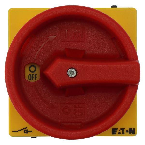 Main switch, P1, 40 A, flush mounting, 3 pole, Emergency switching off function, With red rotary handle and yellow locking ring, Lockable in the 0 (Of image 36