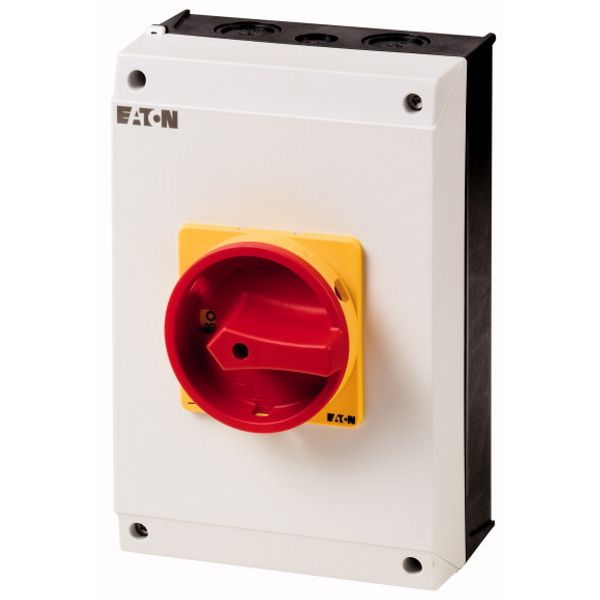 Main switch, P3, 63 A, surface mounting, 3 pole + N, Emergency switching off function, With red rotary handle and yellow locking ring, Lockable in the image 1