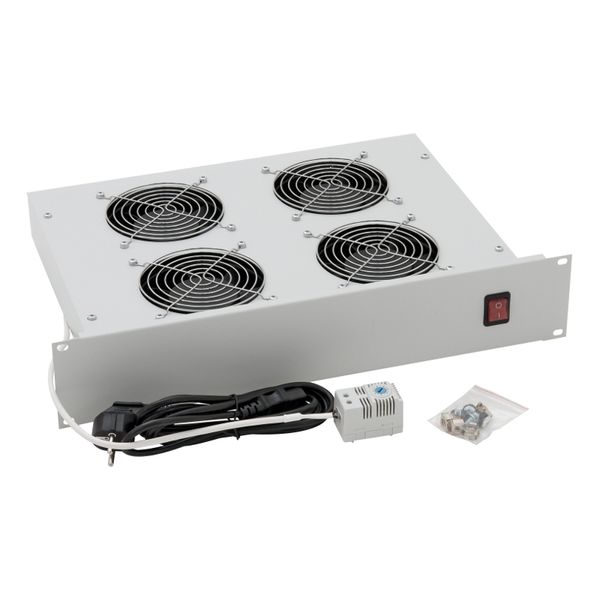 19" Fan-unit with 4 fans and thermostat, 2U, RAL7035 image 1