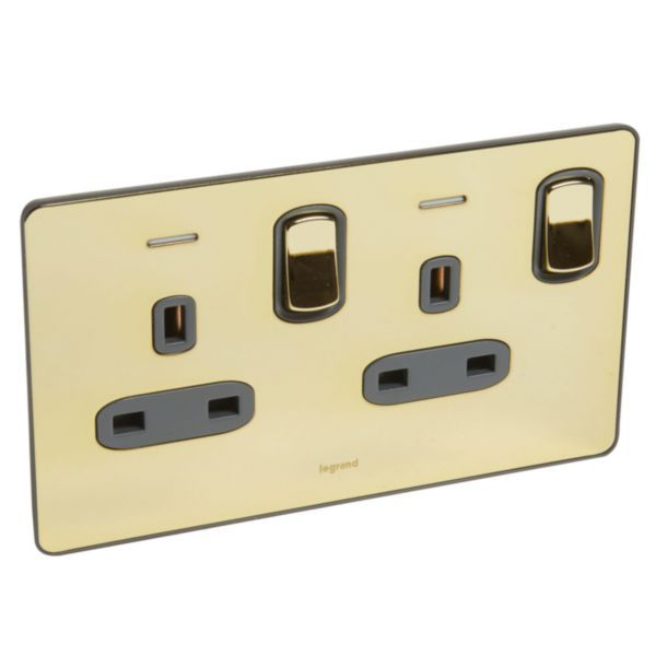 Synergy Sleek 2 Gang 13A Double Pole Switched Socket Outlet with LED Power Indicators Gold image 1