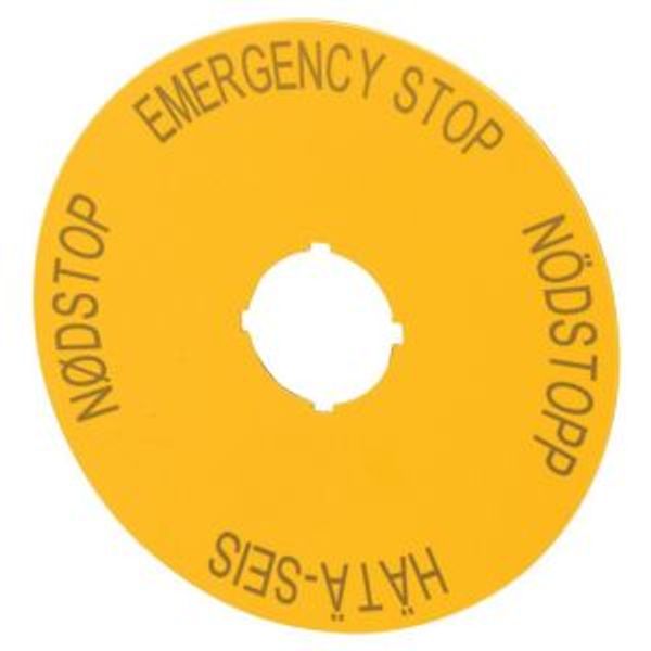 Label, emergency switching off, yellow, D=90mm, 4 languages, DE, SV, FI, DA image 4