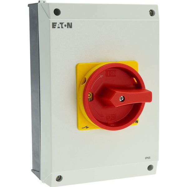 Main switch, T5B, 63 A, surface mounting, 4 contact unit(s), 6 pole, 1 N/O, 1 N/C, Emergency switching off function, With red rotary handle and yellow image 33