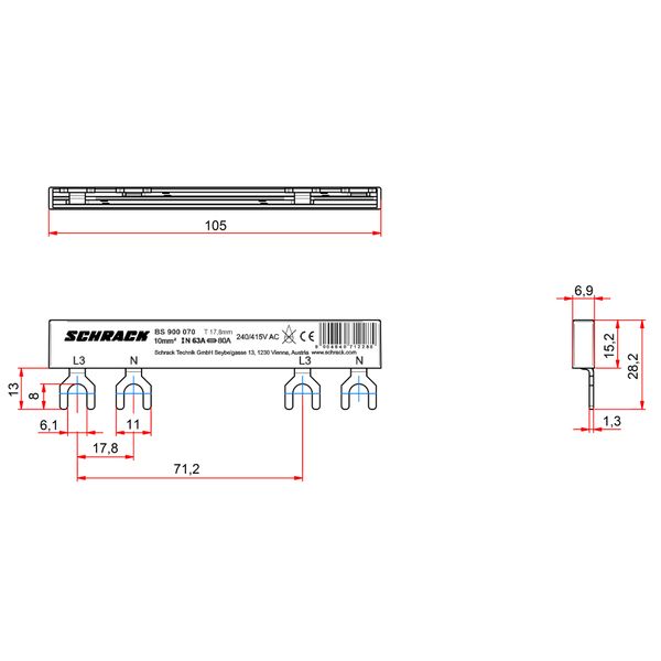 Busbar, 2-pole, L3, 1xRCCB 4-pole to 1xRCBO 1+N, 6MW, 10mmý image 9