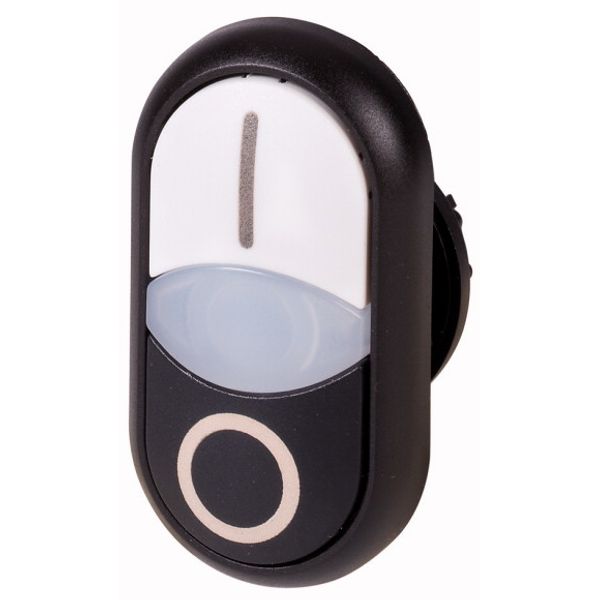 Double actuator pushbutton, RMQ-Titan, Actuators and indicator lights non-flush, momentary, White lens, white, black, inscribed, Bezel: black image 1