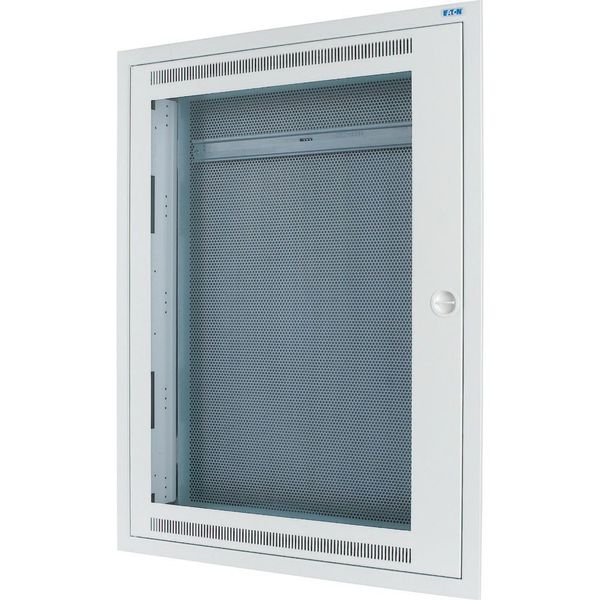 Flush mounting/hollow wall structured wiring enclosure with transparent panel, complete, white, 4-row type with mounting plate, 100 mm mounting depth image 1