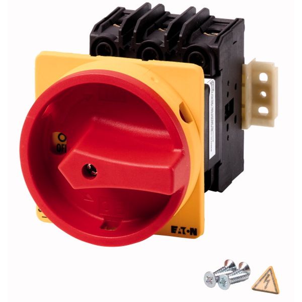 Main switch, P3, 30 A, rear mounting, 3 pole, With red rotary handle and yellow locking ring, Lockable in the 0 (Off) position, UL/CSA image 1