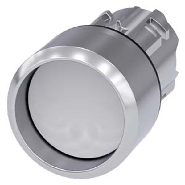 3SU1050-0CB60-0AA0-Z Y10 Pushbutton, 22 mm, round, metal, shiny, white, Front ring, high, momentary contact type, with laser labeling, upper case and lower case, always upper image 1