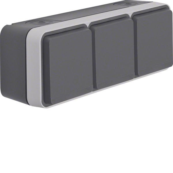 SCHUKO soc. out. 3gang hor. hinged cover surface-mtd, W.1, grey/light  image 1
