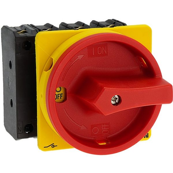 Main switch, P3, 100 A, flush mounting, 3 pole + N, Emergency switching off function, With red rotary handle and yellow locking ring, Lockable in the image 6