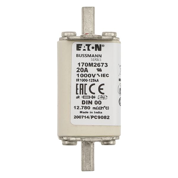 Fuse-link, high speed, 20 A, AC 1000 V, DIN 00, aR, DIN, IEC, single indicator, live gripping lugs image 23