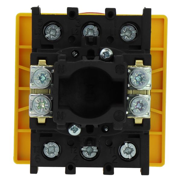 Main switch, P1, 40 A, flush mounting, 3 pole, Emergency switching off function, With red rotary handle and yellow locking ring, Lockable in the 0 (Of image 30